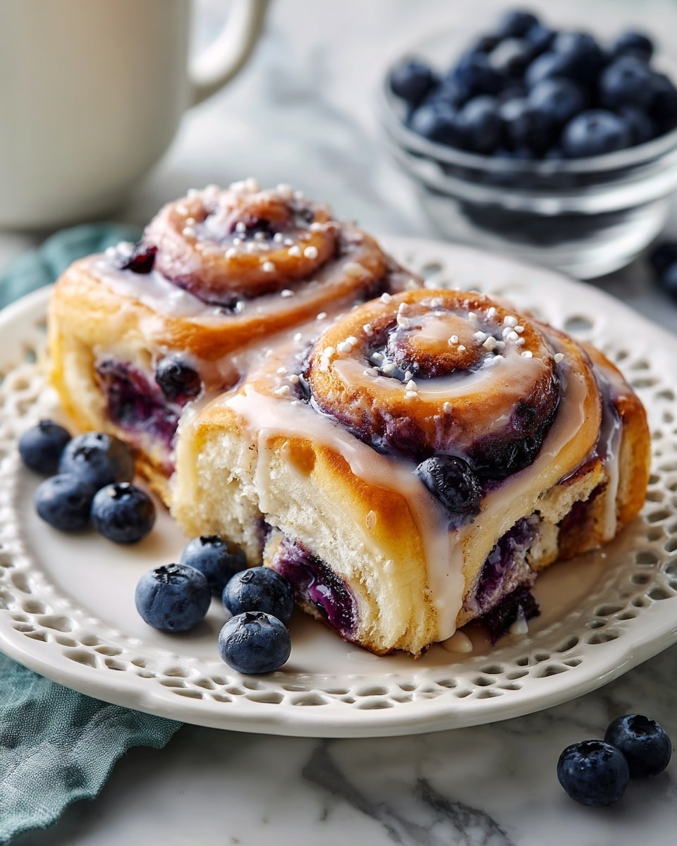 Two blueberry rolls sit side by side on a white plate with a decorative, lacy edge. Each roll has several layers of golden-brown dough swirled with deep purple blueberry filling. A thin glaze lightly covers the top, giving a slight shine and small white sugar crystals. The rolls look soft and flaky with visible crumb inside. Scattered fresh blueberries surround the plate on a white marbled surface, with a small clear glass bowl of blueberries placed in the background. photo taken with an iphone --ar 4:5 --v 7