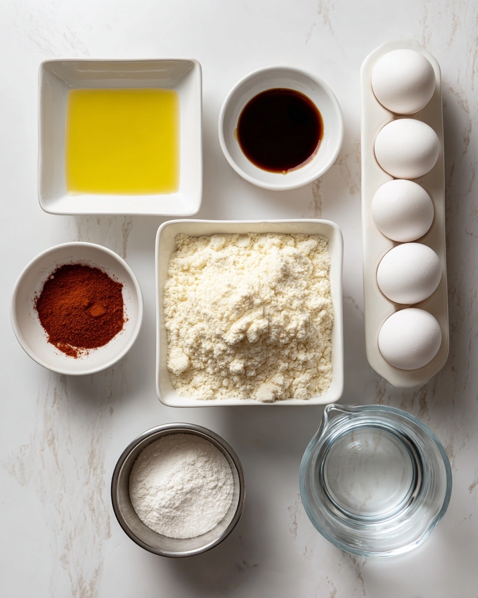 The image shows eight ingredients on a white marbled surface arranged neatly. In the top left corner, there is a small white square bowl filled with light yellow oil. Next to it, a small round white bowl holds dark brown vanilla extract. To the right, another small round white bowl contains reddish-brown cinnamon powder. In the top right corner, there is a white ceramic egg holder holding four white eggs. Below the oil bowl, a small round stainless steel bowl has a white powder labeled instant vanilla pudding mix. In the center, a larger white square bowl is filled with pale yellow cake mix powder that looks crumbly. To the right of that, a clear glass measuring cup contains clear water. The colors of the ingredients range from white to light yellow, brown, and clear, set against the clean white marbled background. photo taken with an iphone --ar 4:5 --v 7