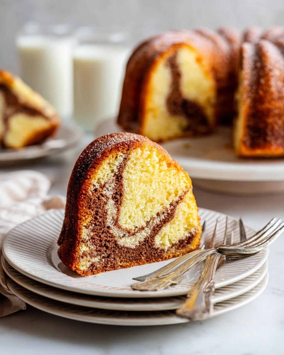 The image shows a slice of bundt cake with two main layers. The outer layer is a golden brown crust with a slightly rough texture, covering the light yellow cake inside. Swirled throughout the cake are thin, irregular layers of darker brown, giving a marbled look. The slice sits on a stack of two white plates with a smooth, slightly ridged pattern along the edges. Two silver forks rest on the plates, positioned diagonally beneath the cake. The background features a white marbled surface and a blurred view of the rest of the bundt cake and two glasses of milk in soft focus. Photo taken with an iphone --ar 4:5 --v 7