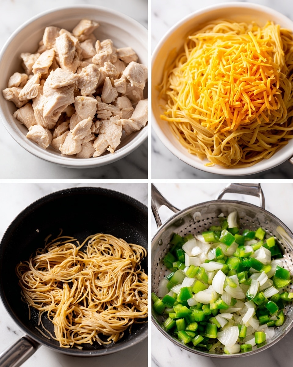 The image shows four close-up shots of cooking ingredients. The first shows chopped cooked chicken pieces piled in a white bowl, with soft, light beige textures. The second shows large blocks of bright orange cheddar cheese inside a white bowl. The third shows cooked yellow spaghetti noodles inside a silver colander. The fourth shows diced green bell peppers and white onions frying in a black non-stick pan with a shiny metallic handle, all placed on a white marbled surface. photo taken with an iphone --ar 4:5 --v 7
