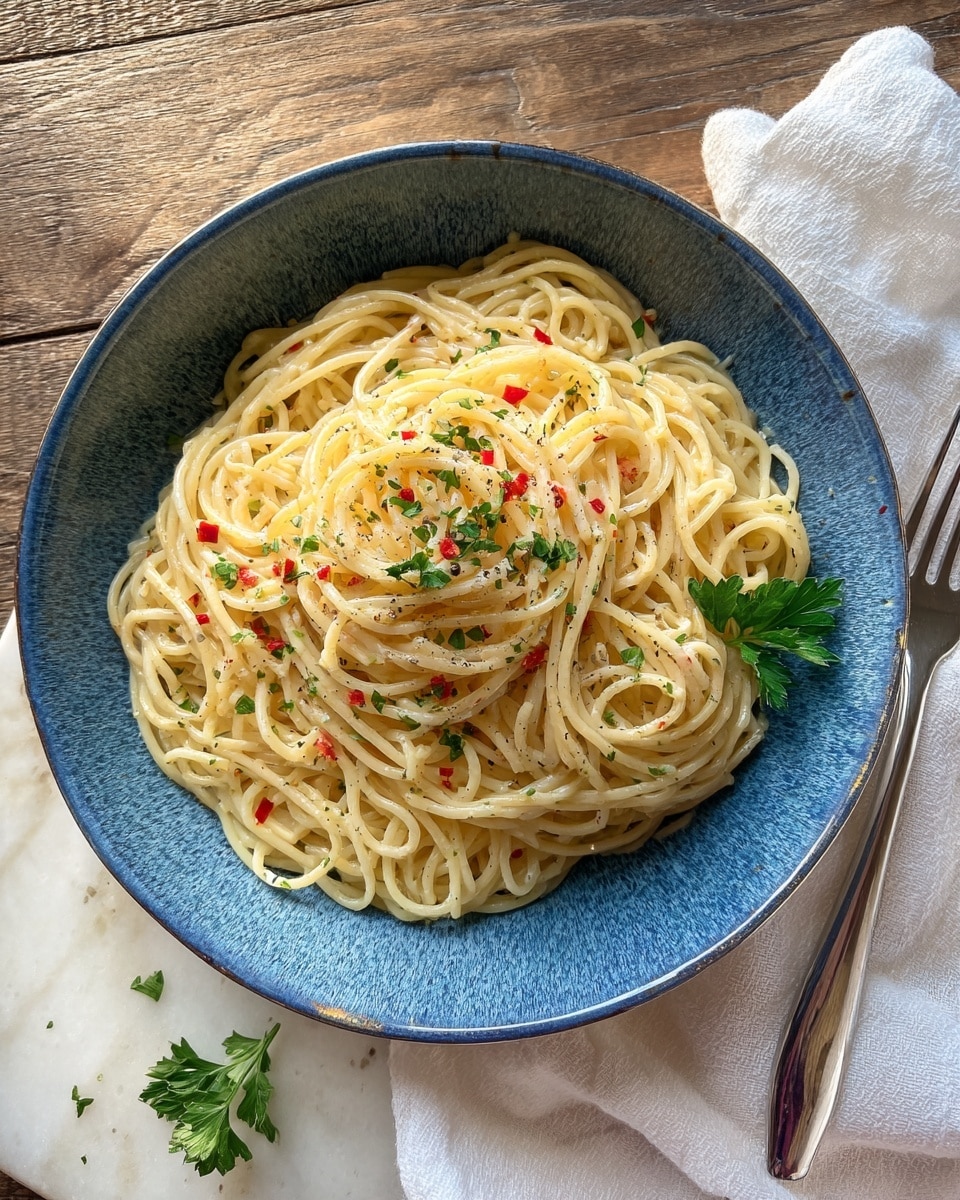 A blue bowl filled with creamy, light yellow spaghetti noodles with small pieces of red scattered inside, topped with a green sprig of parsley on one side. The bowl sits on a white marbled surface with a white cloth and silver fork placed to the right. The background is wooden with a rustic feel. photo taken with an iphone --ar 4:5 --v 7