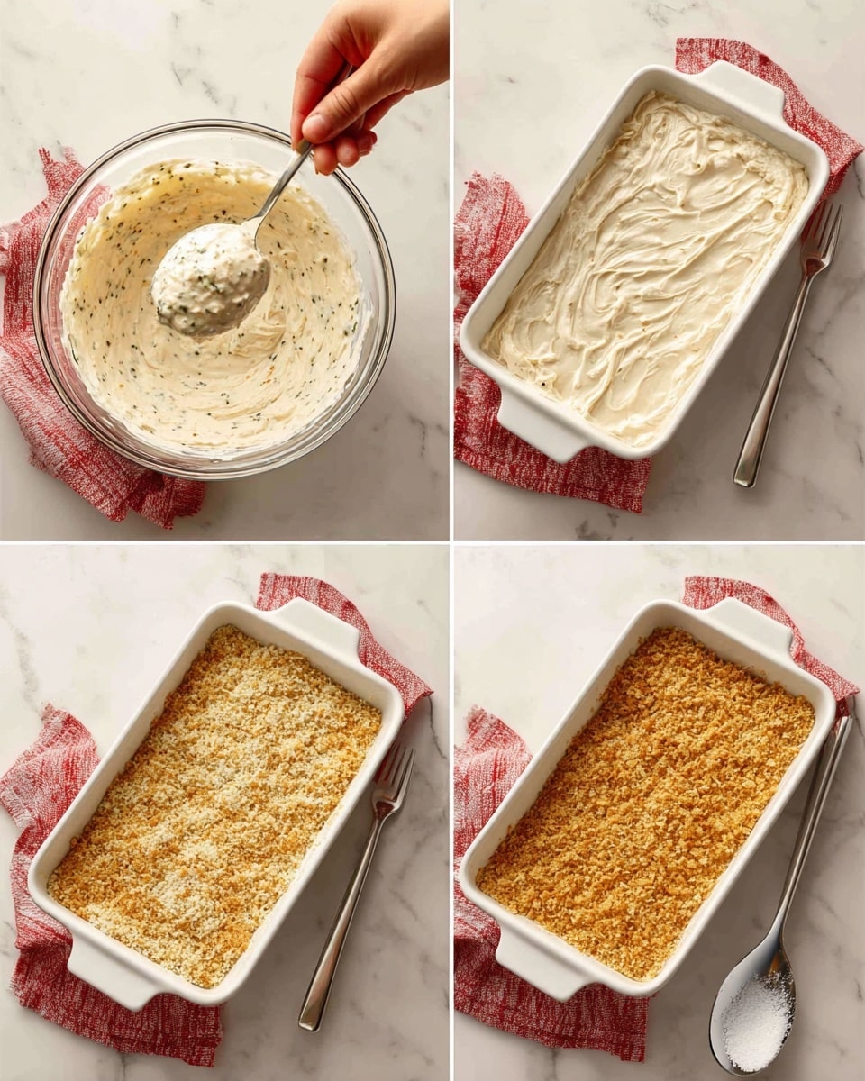 The image shows a four-step baking process in a white rectangular baking dish placed on a white marbled surface with a red and white cloth nearby. In step 1, a clear glass bowl contains a creamy, pale mixture with specks of herbs, and a spoon with some of the mixture is held above it by a woman's hand. Step 2 shows the same creamy mixture evenly spread in the white baking dish. Step 3 adds a layer of finely crushed golden crackers or crumbs on top of the creamy layer, covering it fully. Step 4 reveals the same crumb layer baked to a warm golden brown, giving a crispy texture, while a ladle rests beside the dish. Photo taken with an iphone --ar 4:5 --v 7