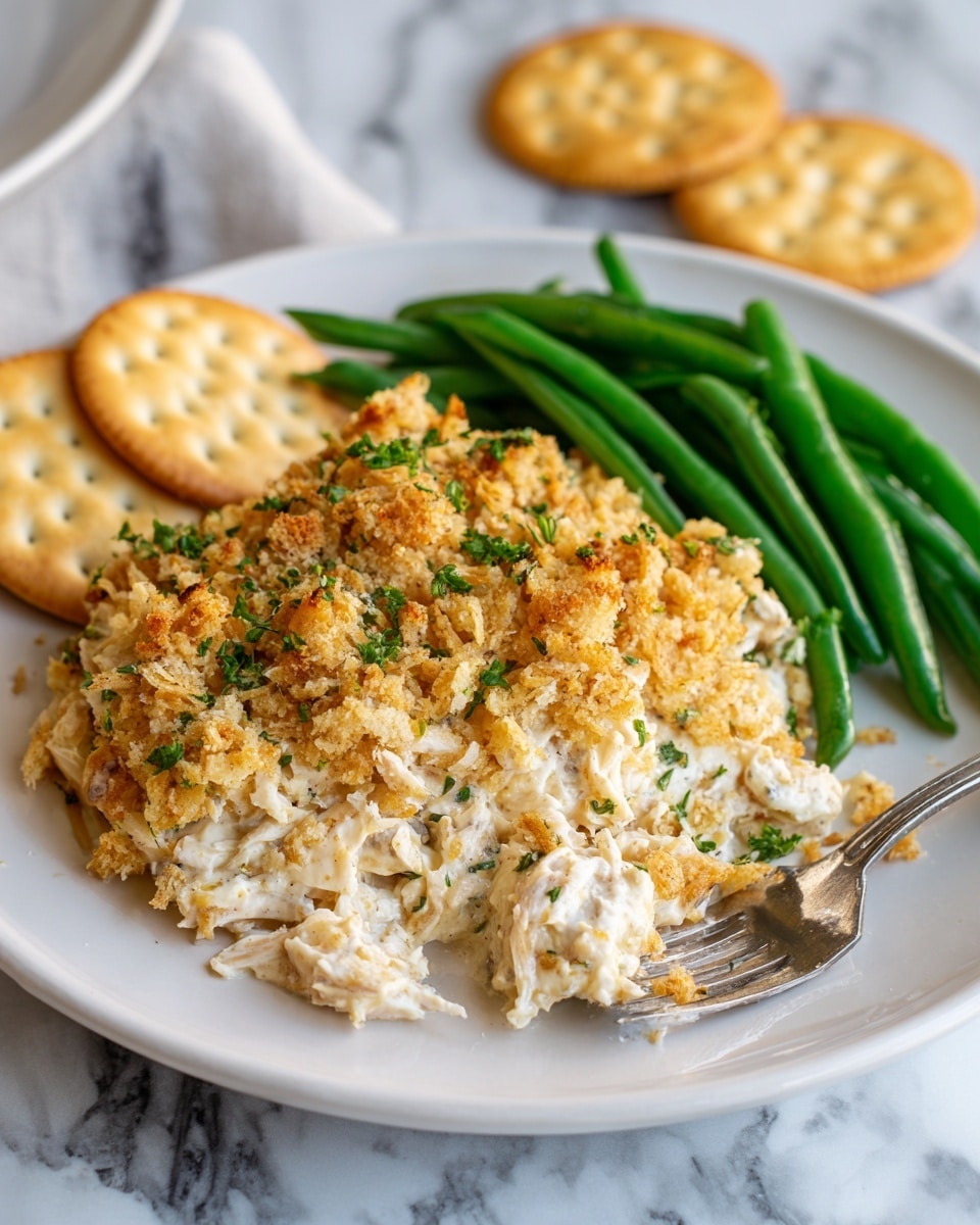 On a white plate, there is a creamy, shredded chicken casserole with a golden-brown crunchy crumb topping that covers about half of the dish. Next to the casserole, on the right side of the plate, there are several bright green, cooked green beans lying in a neat pile. The plate sits on a white marbled surface with two round, golden-brown crackers placed in the background. A silver fork rests near the bottom right edge of the plate, slightly touching the casserole. Photo taken with an iphone --ar 4:5 --v 7