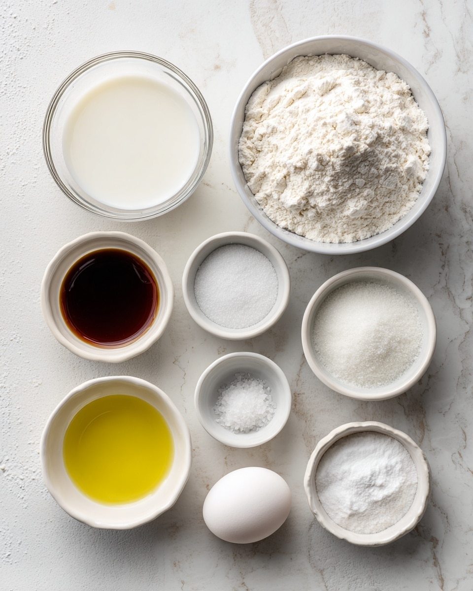A top view of nine small white bowls and a single whole egg arranged on a white marbled surface. The largest bowl at the top right is filled with white all-purpose flour, next to it on the left is a clear glass bowl with white milk. Below the flour, a small white bowl contains white powdered sugar, next to it on the left is a tiny bowl with dark brown vanilla extract. Below the powdered sugar are two tiny white bowls with white salt and baking powder. On the bottom left is a medium white bowl filled with light yellow vegetable oil, next to it above is a small white bowl with granulated sugar. A single white egg is placed between the granulated sugar and vanilla extract bowls. The setup is neat and clearly shows each ingredient’s texture and color. Photo taken with an iphone --ar 4:5 --v 7