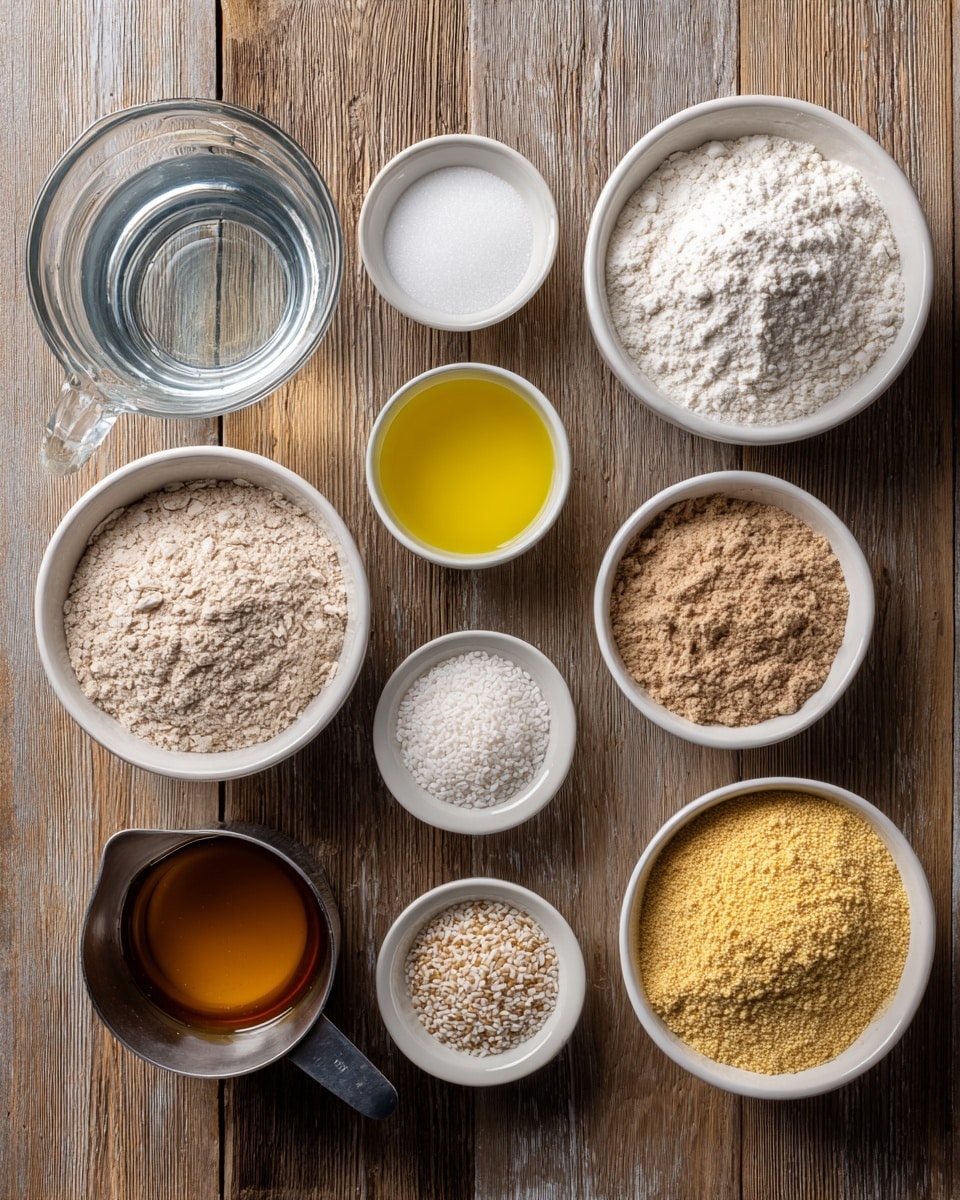 The image shows nine small containers with different ingredients arranged neatly on a white marbled surface. At the top left is a clear glass measuring cup filled with water, next to a white bowl full of white flour on the right. Below the glass is a white bowl with light brown flour. To the right of that is a small white bowl filled with a clear, pale yellow liquid. Underneath these are five more small white bowls in two rows: the top row includes a small bowl with beige yeast and a gold metal measuring cup filled with a golden brown liquid; the bottom row has a white bowl with white salt on the left, a black liquid in the middle bowl, and yellow cornmeal on the right. All containers are simple and white, placed on a smooth white marbled surface. photo taken with an iphone --ar 4:5 --v 7