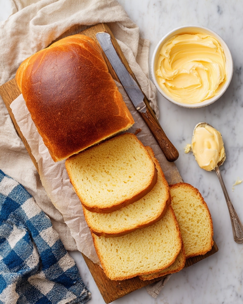 The image shows a wooden board with two dark brown loaves of bread placed on a piece of parchment paper; one loaf is whole while the other is partially sliced with four slices fanned out at the bottom right, revealing a dense, even crumb inside. To the top right of the board is a white small bowl filled with smooth, light yellow butter. A silver spreading knife rests diagonally along the top left edge of the board. Surrounding the board on the white marbled surface are a blue and white checkered cloth at the bottom left and a beige cloth at the top left corner. A dollop of butter with a silver spoon is visible at the bottom right side outside the board. photo taken with an iphone --ar 4:5 --v 7