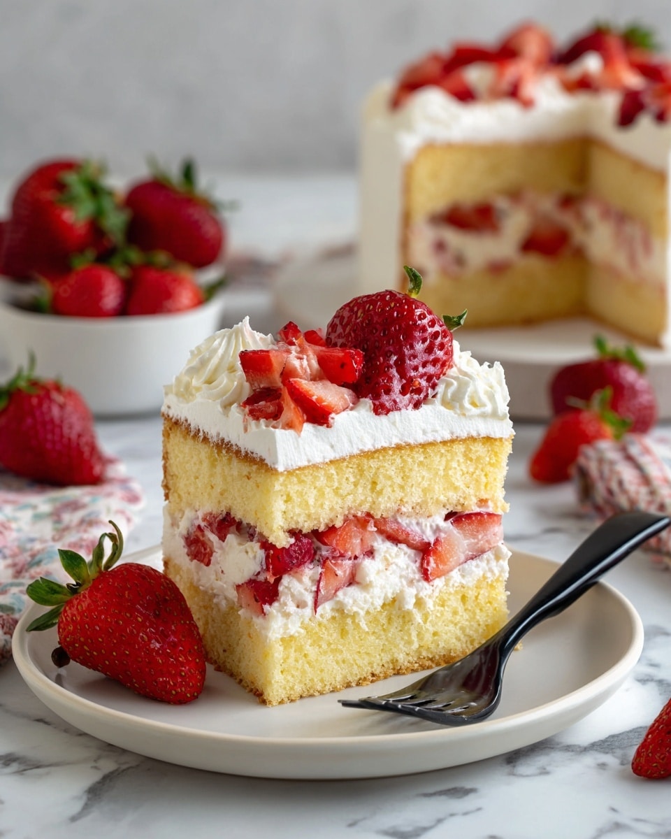 The image shows a slice of strawberry shortcake on a white plate placed on a white marbled surface. The cake has three layers: a bottom layer of light yellow sponge cake, a middle layer of creamy white filling with chunks of strawberries, and a top layer of whipped cream topped with small pieces of red strawberries. A black fork with a piece of the cake is in front of the slice, and fresh whole and sliced strawberries surround the plate. In the background, a larger portion of the same cake and a white bowl filled with strawberries are visible. Photo taken with an iphone --ar 4:5 --v 7