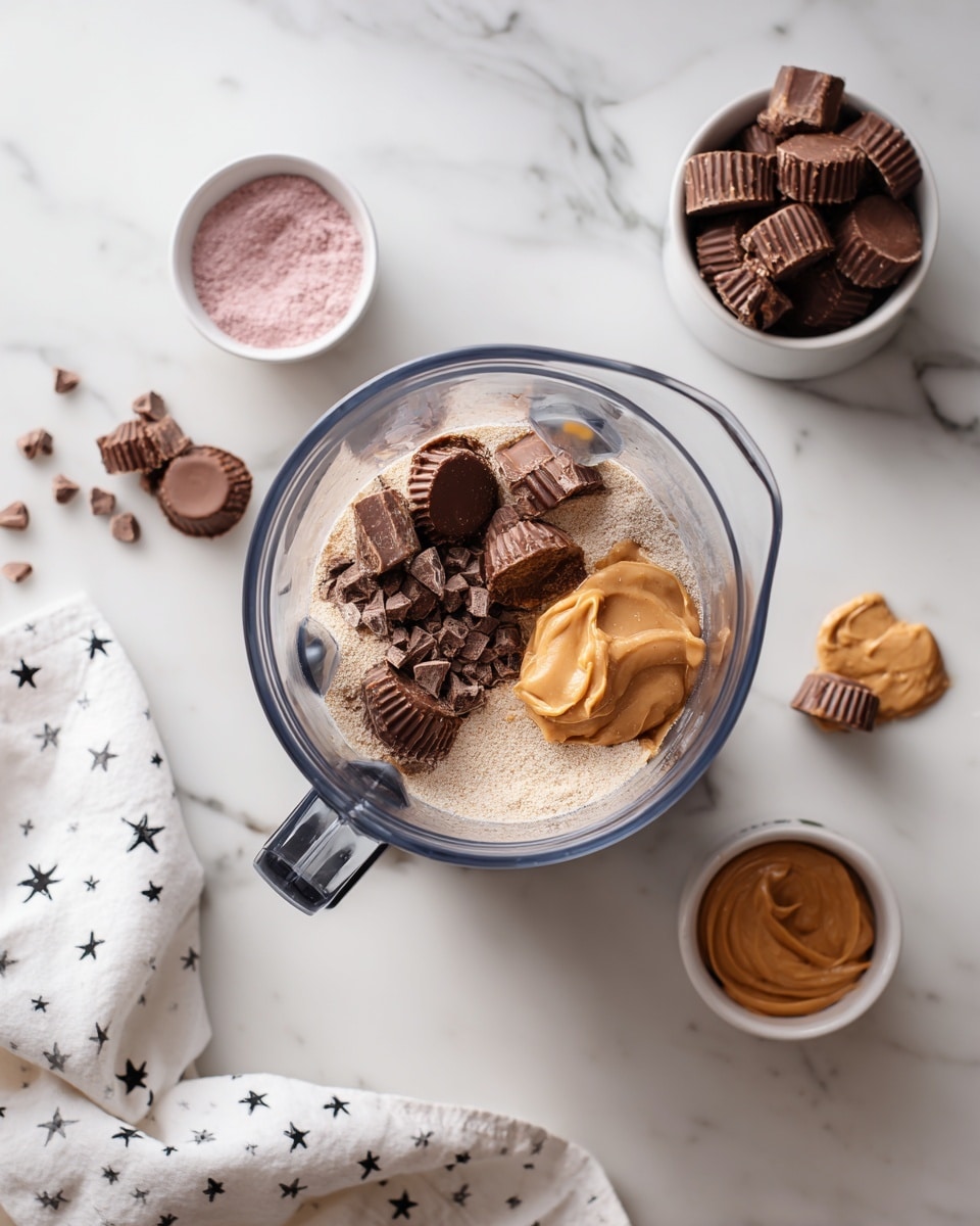 A clear blender jar sits on a white marbled surface, filled with several layers of ingredients: a base of light brown powder, a large dollop of smooth golden peanut butter on one side, and chopped pieces of chocolate peanut cups scattered on top. Around the blender are a white bowl of more chocolate peanut cups, a container of pinkish-brown powder, and a small white bowl with creamy peanut butter. A white cloth with black star patterns is casually draped nearby. Photo taken with an iphone --ar 4:5 --v 7