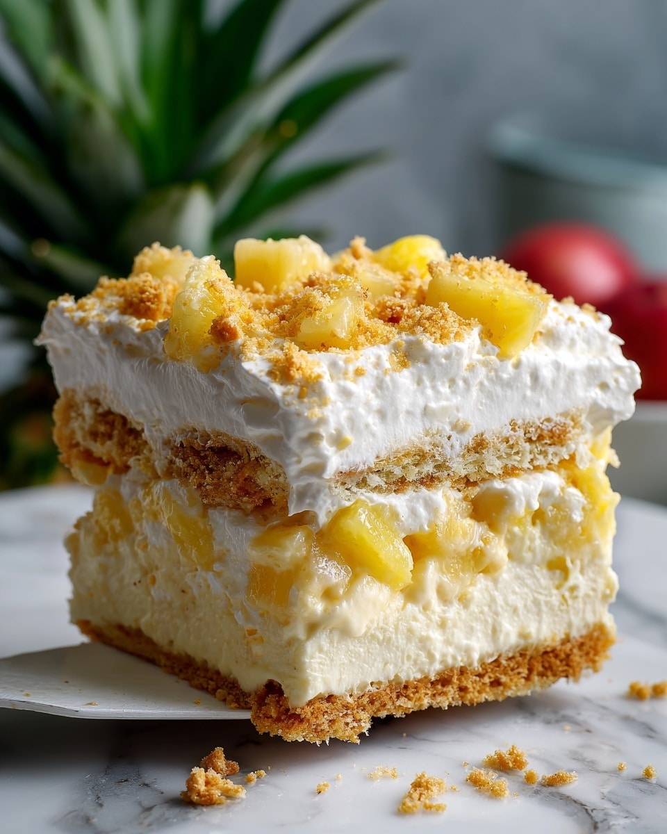 The image shows a close-up of a layered dessert being lifted with a white spatula, revealing four layers. The bottom layer is a thick, golden biscuit crust with a slightly crumbly texture. Above this is a smooth, light cream layer that looks soft and dense, followed by a layer of chopped, light yellow pineapple pieces mixed with creamy filling. The topmost layer is a thick, fluffy white whipped cream spread unevenly and sprinkled with finely crushed golden crumbs. The dessert sits on a white marbled surface with a blurred background showing green pineapple leaves and some red objects. The photo taken with an iphone --ar 4:5 --v 7