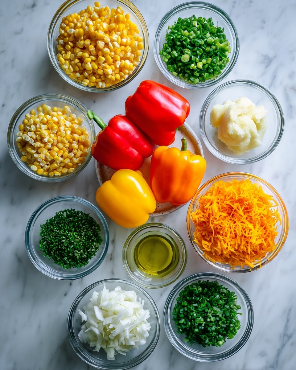 The image shows several clear glass bowls arranged on a white marbled surface, each containing different ingredients. The center bowl holds three whole bell peppers in red, yellow, and orange colors. Surrounding this are bowls with bright yellow corn kernels, finely chopped white onions, shredded orange cheese, a chunk of pale butter, a small amount of light yellow garlic paste, vibrant green chopped chives, mixed green herbs, and a little olive oil that is light greenish-yellow. Each ingredient is clearly separated, creating a colorful and organized display. Photo taken with an iphone --ar 4:5 --v 7