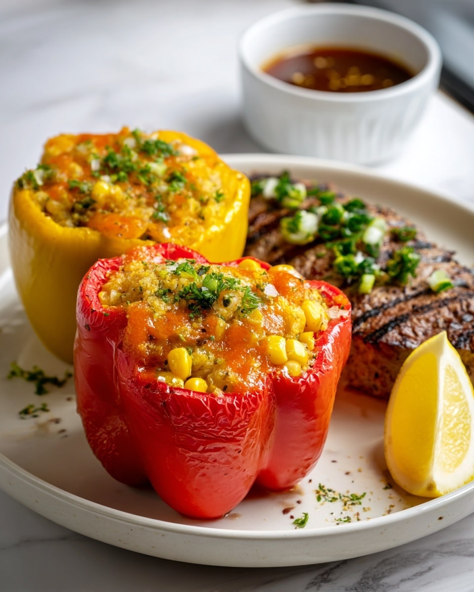 On a white plate, there are two stuffed bell pepper halves placed side by side at the front, one yellow and one red, each filled with a mix of yellow corn, melted orange cheese, and small bits of onion, topped with some green herbs. Behind the peppers, there is a grilled piece of meat with a browned, slightly charred surface and some green herb pieces sprinkled on top. On the right side of the plate, a light yellow lemon wedge leans against the red pepper half. The plate sits on a white marbled surface with a small white bowl of dark brown sauce in the background. Photo taken with an iphone --ar 4:5 --v 7