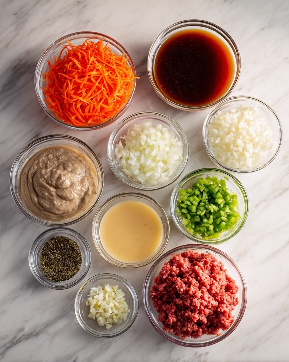 The image shows a white marbled surface with ten clear glass bowls arranged in a rough circle. In the back row, from left to right, there is a bowl of bright orange shredded carrots, a larger bowl of dark brown beef broth, and a bowl filled with smooth, dark red tomato juice. In the middle row, from left to right, there is a small bowl of chopped white onions, a bowl of light beige cream of mushroom soup with a thick texture, a bowl filled with shiny green chopped green pepper, a bowl of glossy pale yellow cream of celery soup, and a bowl containing bright red lean ground beef. At the front, there are three tiny bowls: one with finely crushed dark marjoram, one with small light green celery pieces, and one with finely minced garlic that looks pale yellow. The bowls are neatly placed with clear labels above each ingredient. Photo taken with an iphone --ar 4:5 --v 7