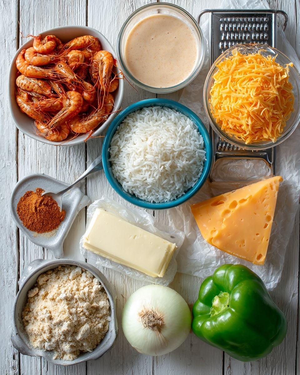 The image shows eight ingredients arranged on a white marbled surface. At the top left, there is a white bowl filled with reddish-brown crawfish tails, showing a curved shape and textured shells. Below that bowl is a glass container of creamy light pink sauce labeled cream of shrimp. To the right of the sauce is a blue bowl filled with fluffy, white cooked rice. On the right side, there is a vintage metal grater with shredded bright orange cheddar cheese and a triangle block of cheddar cheese resting on top. Below this is a pale yellow stick of butter i. Near the center bottom, there is a whole green bell pepper with a glossy surface and next to it a whole white onion with dry papery skin. To the left is a silver spoon holding finely ground reddish seasoning called Old Bay seasoning. Lastly, below the pepper and onion is a gray ceramic measuring cup filled with light tan bread crumbs with a coarse texture. The background is a white wooden plank texture. Photo taken with an iphone --ar 4:5 --v 7