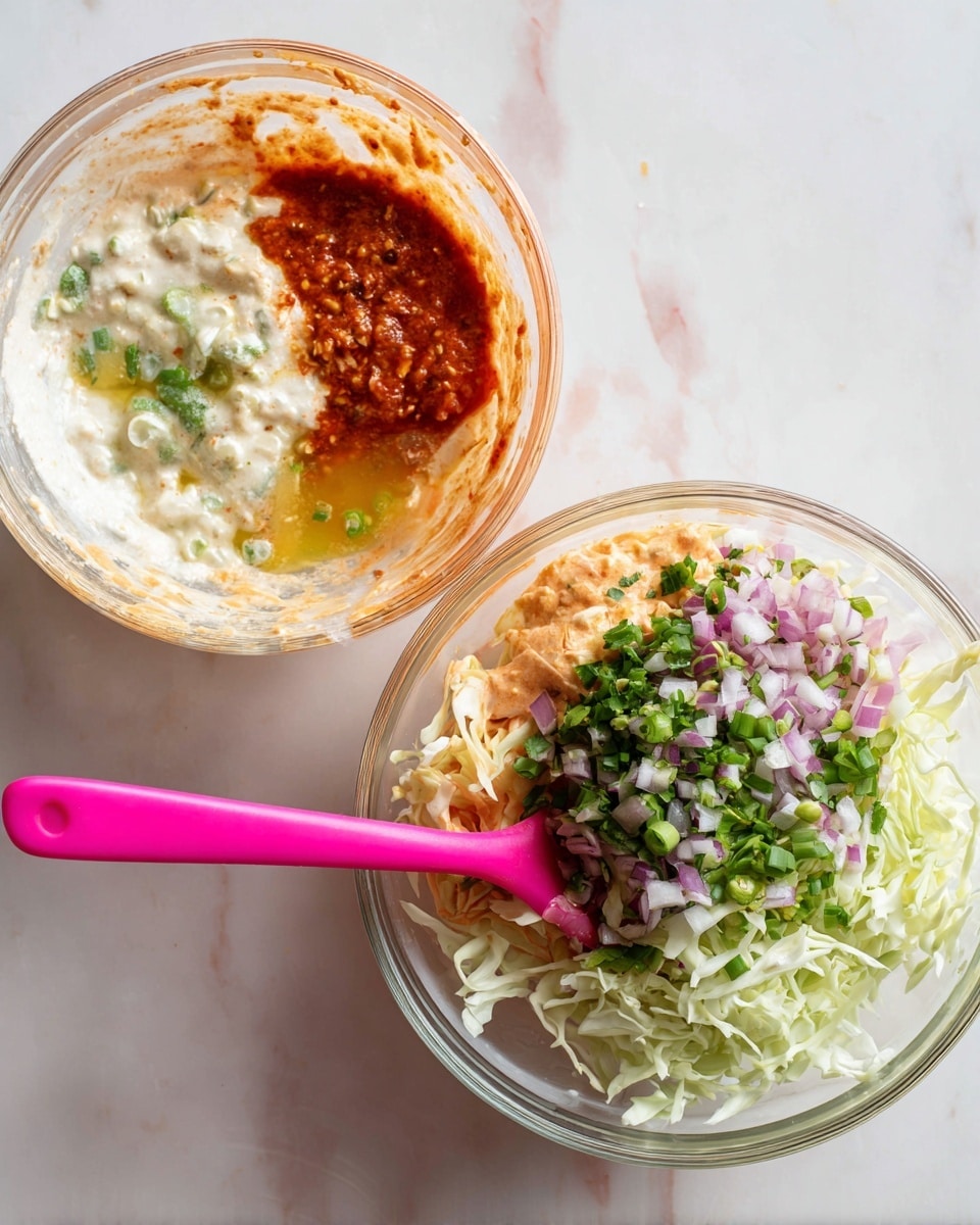 The image shows two clear glass bowls on a white marbled surface. The bowl on the left contains three layers: a white creamy layer on the left, a reddish sauce on the right, and a small amount of light yellow liquid at the bottom, with a bright pink spoon resting inside the bowl. The bowl on the right has five layers: a bottom light orange creamy layer, shredded white cabbage covering most of the bowl, chopped green herbs and finely chopped red onions scattered on top, and the same bright pink spoon partially mixed into the ingredients. Photo taken with an iphone --ar 4:5 --v 7