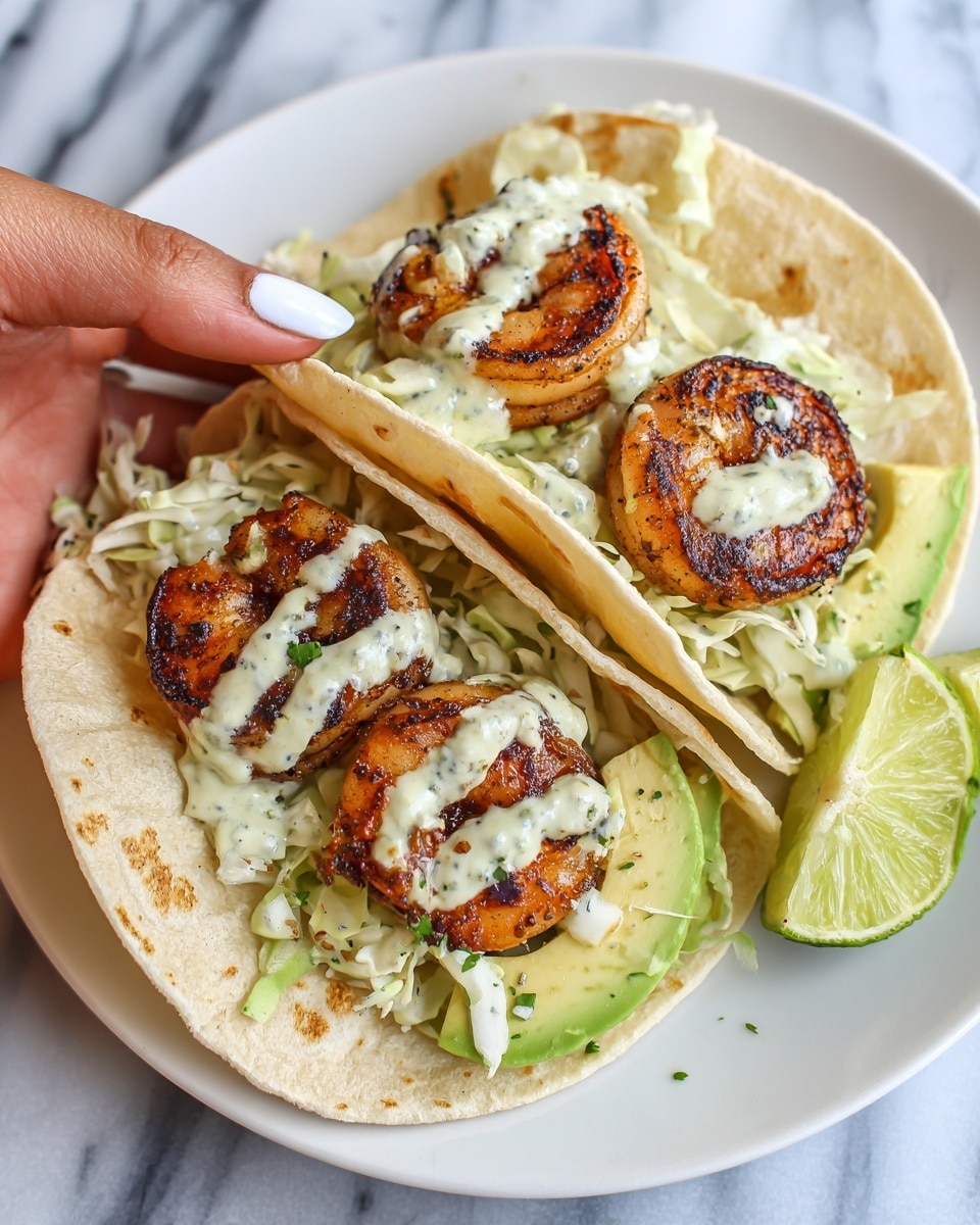 A close-up image shows two soft, light beige tortillas on a white plate with lime wedges on the side. Each tortilla holds three browned, slightly crispy shrimp with dark grill marks, sitting on a bed of pale green sliced avocado pieces. Over the shrimp and avocado, a creamy off-white sauce with green herb bits and thin white cabbage strips is drizzled. A woman's hand with white nail polish is gently holding one of the tortillas open, all set on a white marbled surface. Photo taken with an iphone --ar 4:5 --v 7