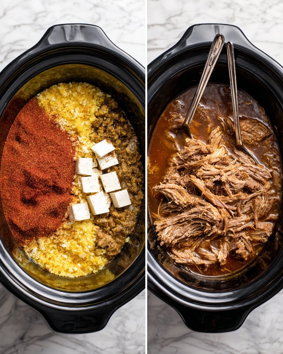 The left image shows a black slow cooker with three clear layers inside: the bottom layer is a mix of chopped onions and spices in a yellowish tone, the middle layer is a large piece of raw meat covered with red seasoning powder, and the top layer has uneven pieces of white butter spread across the meat. The right image shows the same black slow cooker filled with shredded cooked meat soaked in a thick brown sauce, two metal forks are mixing the meat. Both images have a white marbled surface background. photo taken with an iphone --ar 4:5 --v 7