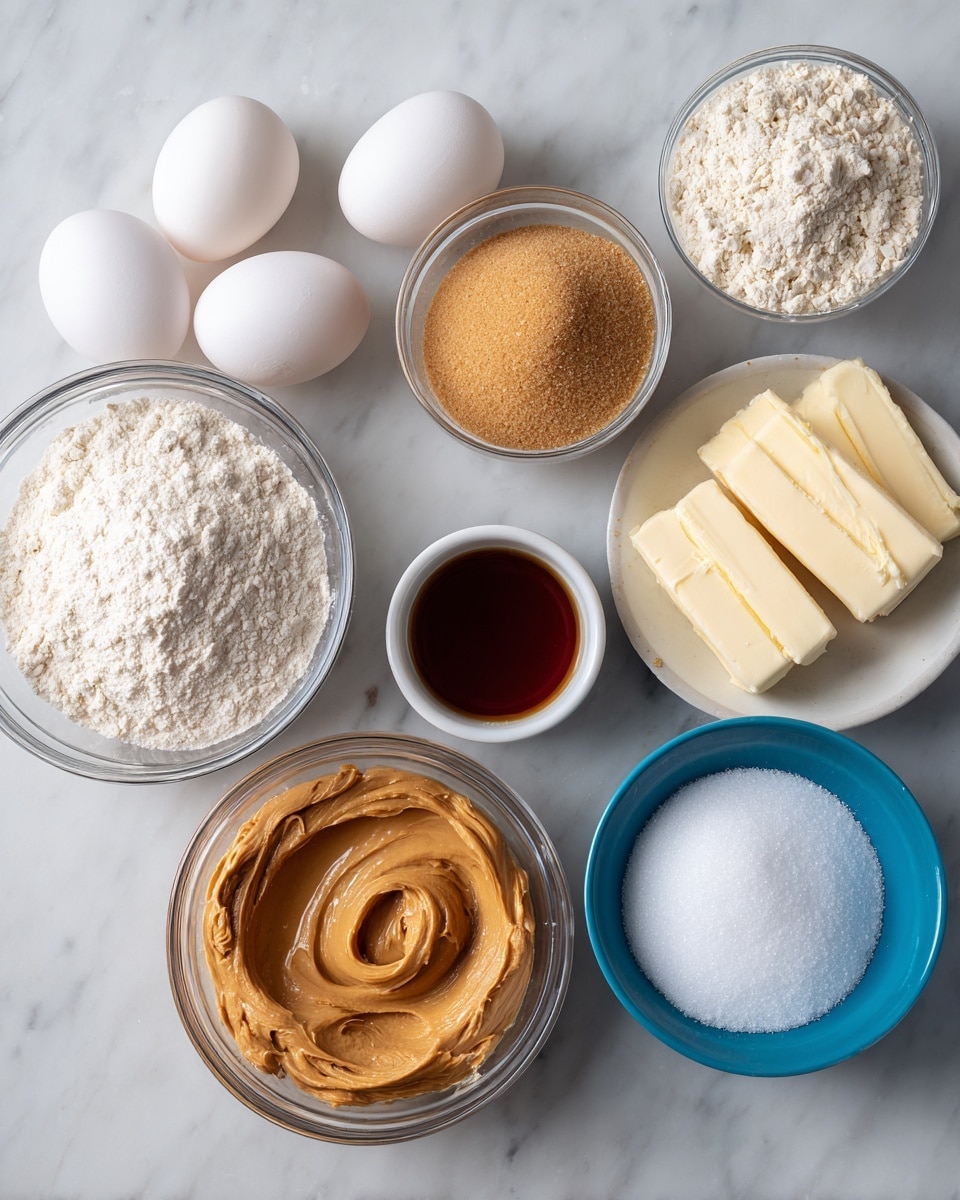 The image shows a flat lay of ingredients on a white marbled surface. There are two white eggs placed side by side near the center. To the right of the eggs is a small white bowl holding a dark amber liquid labeled vanilla extract. Below that is a clear glass bowl filled with smooth, creamy peanut butter in a light brown color. To the left of the peanut butter is another clear glass bowl with all-purpose flour, white and powdery. Above the flour is a larger clear glass bowl with light brown sugar, grainy and golden. Nearby, two sticks of salted butter wrapped in paper are placed side by side. Above and to the right of the eggs is a small blue bowl containing white baking soda powder. Finally, near the bottom right corner, a white bowl holds granulated sugar, fine and white. The layout is tidy with each ingredient clearly visible and labeled photo taken with an iphone --ar 4:5 --v 7
