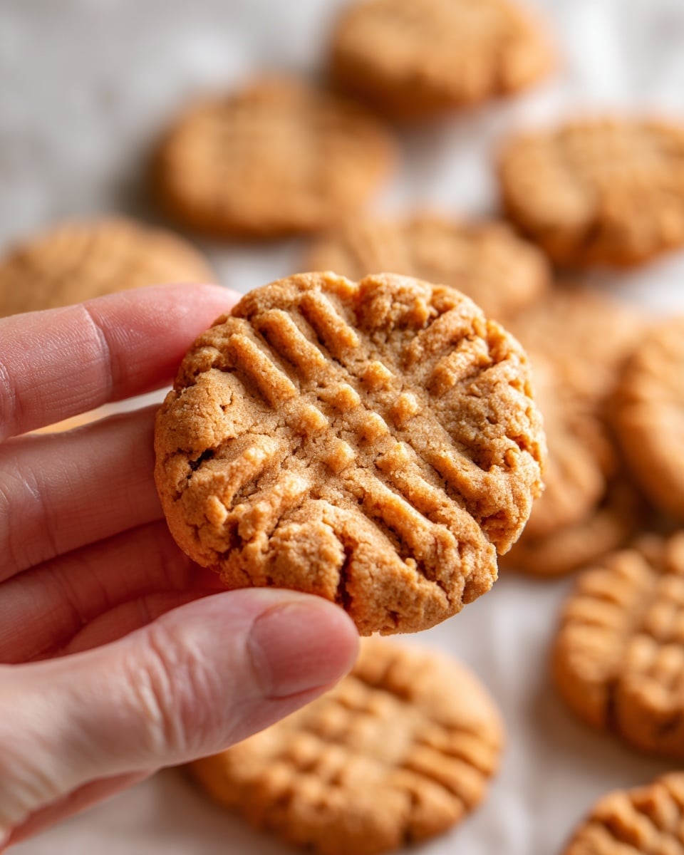 A close-up view of a woman's hand holding a round peanut butter cookie that is light golden brown with a textured fork mark pattern on top. In the blurred background, multiple cookies of the same type are spread out on a white marbled surface. The cookies have a slightly cracked, crumbly texture with a warm, inviting color. Photo taken with an iphone --ar 4:5 --v 7