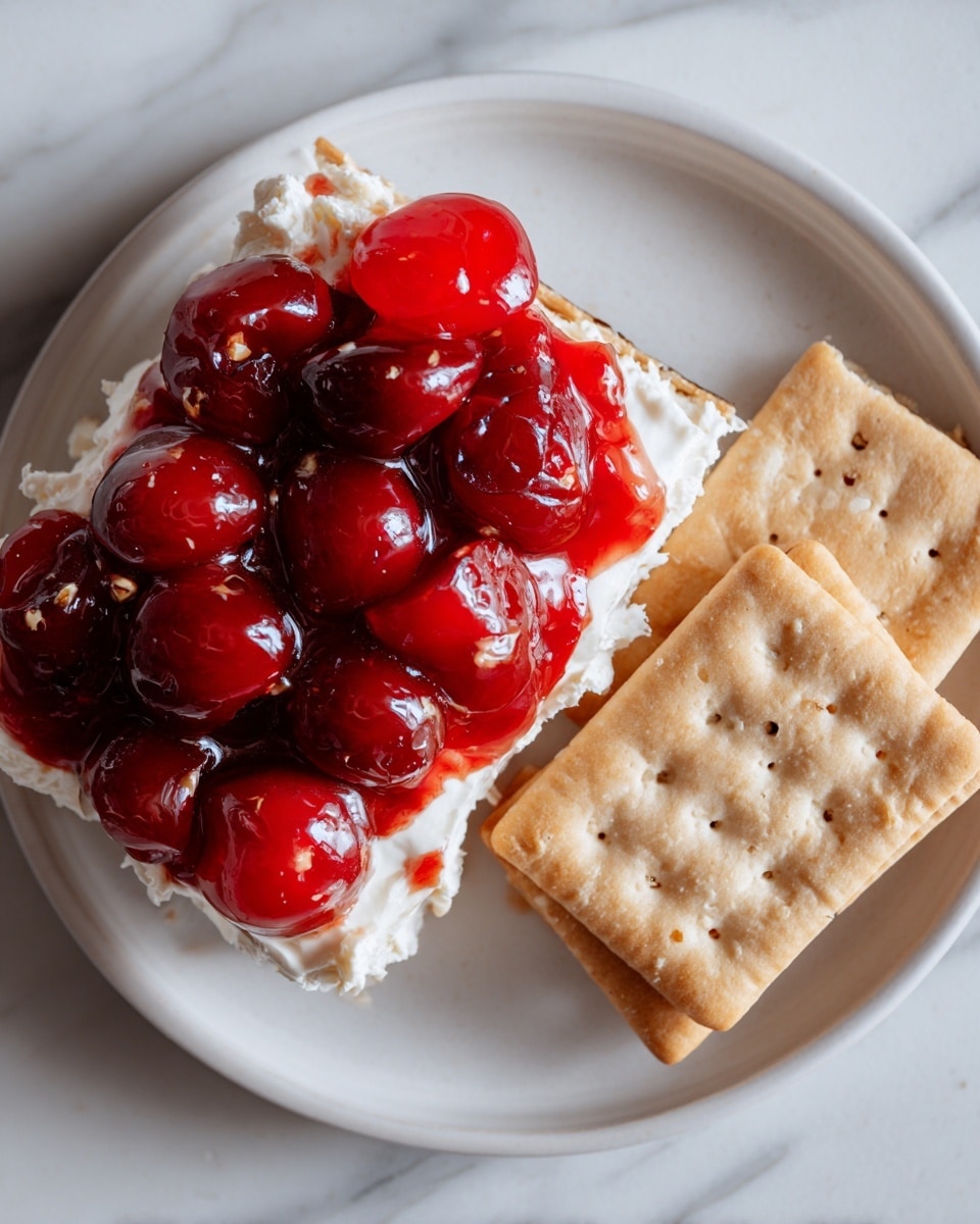 On a white plate with a white marbled texture surface, there are two main parts: on the left side, there is a layer of white creamy cheese with a shiny bright red cherry topping that looks thick and glossy with whole cherries visible, partially covering the cheese; on the right side, there are three light tan rectangular crackers that are textured and placed next to each other. Photo taken with an iphone --ar 4:5 --v 7