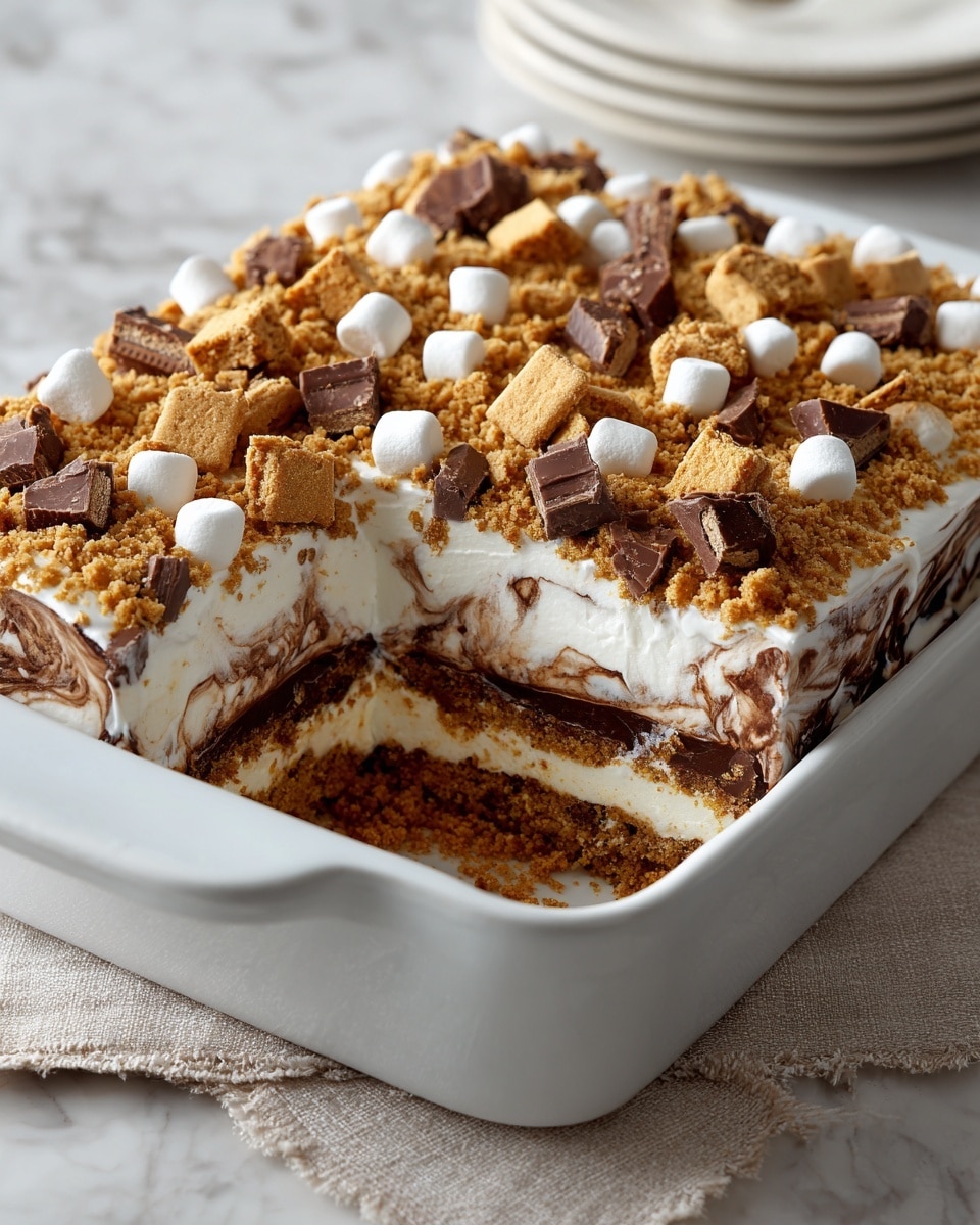 A white baking dish holds a layered dessert with four visible layers: at the bottom is a thick, crumbly light brown crust, followed by a thick creamy white layer. Above this is a marbled layer of light and dark brown swirled mixture. The top layer is covered with small white marshmallows, broken pieces of golden brown graham crackers, and rough chunks of milk chocolate scattered evenly across the surface. The dish is placed on a white marbled textured surface with a light beige cloth underneath. Photo taken with an iphone --ar 4:5 --v 7
