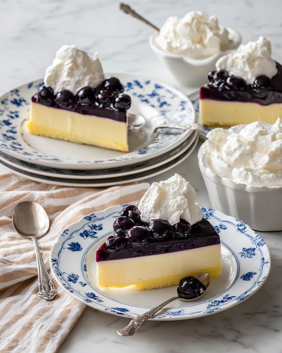 The image shows a dessert with two layers on slices and a whole dish in the background. Each slice has a thick bottom layer that is smooth and light yellow, topped with a dark, glossy purple layer that looks like a berry topping. On top of the purple layer is a big dollop of white whipped cream with a soft texture. The slices are served on white plates; one has a blue floral pattern, and the other is plain white. A silver spoon is placed on each plate near the dessert. A small white plate filled with whipped cream is also nearby. The setting has a white marbled surface and a beige and white striped cloth underneath. photo taken with an iphone --ar 4:5 --v 7