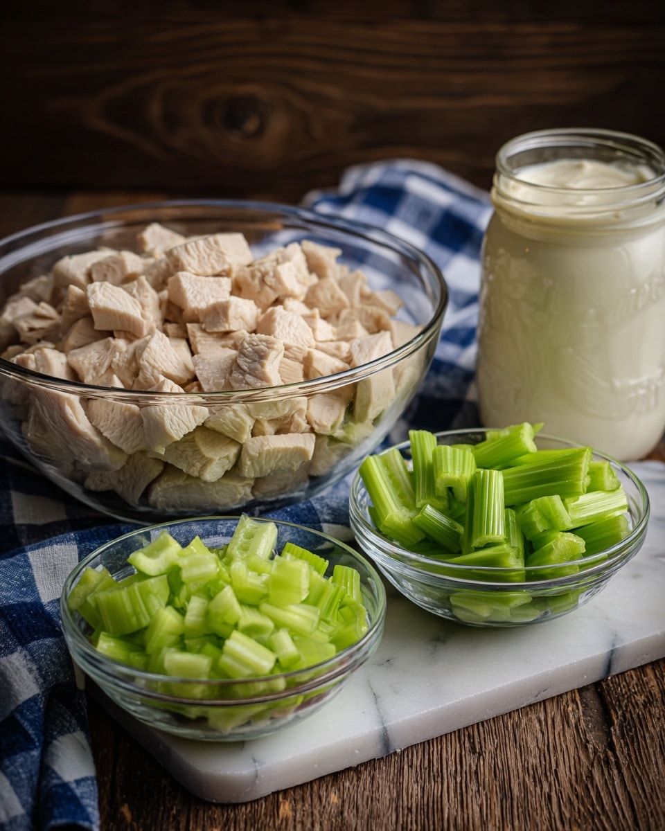 The image shows a close-up view of three main items placed on a white marbled surface with a dark wooden background. On the left side, there is a large clear glass bowl filled with chopped, cooked light beige chicken pieces, cut into small chunks. Below it, two smaller clear glass bowls hold chopped green celery pieces with a bright fresh texture. To the right, a large jar of Duke's Real Mayonnaise , showing the smooth, creamy white contents inside. The setting is simple with a blue and white checkered cloth partly under the bowls, creating a cozy kitchen feel. photo taken with an iphone --ar 4:5 --v 7