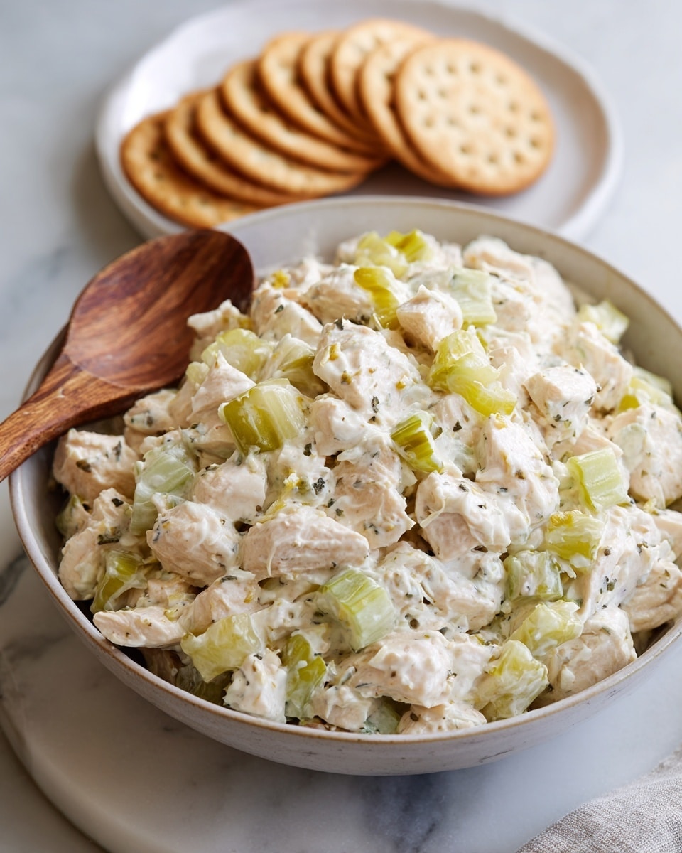 A close-up of a bowl filled with a thick, creamy chicken salad showing small chunks of white chicken meat mixed with pale green celery bits and light yellow pickle pieces evenly spread throughout the salad. A wooden serving spoon with a smooth texture is partially dipped into the salad on the left side of the bowl. In the background, a white plate holds several light golden brown round crackers stacked loosely. The bowls and plate sit on a white marbled surface. Photo taken with an iphone --ar 4:5 --v 7