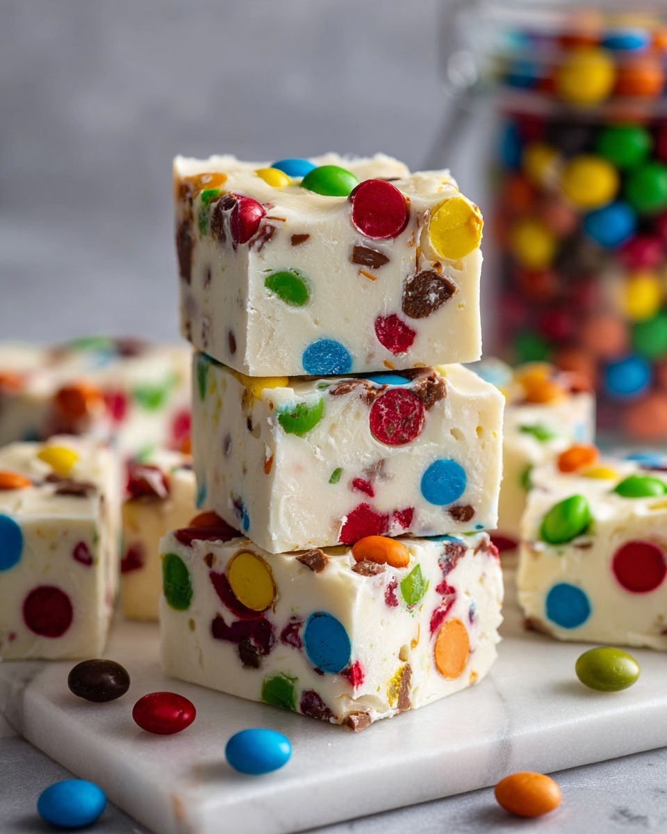 The image shows several thick squares of white fudge mixed with colorful candy-coated chocolates throughout. Three squares are stacked in the center, each layer showing a creamy white fudge base dotted with bright red, green, blue, yellow, orange, and brown candy pieces, some slightly melted into the fudge. More squares surround the stack on a white marbled surface, all topped with a generous layer of the same colorful candies, making the top look bright and textured. In the blurry background, a clear jar filled with the same multi-colored candies is visible, adding to the playful and sweet feeling of the scene. Photo taken with an iphone --ar 4:5 --v 7
