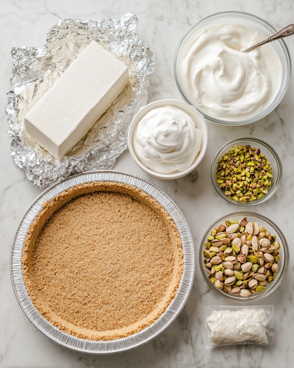 The image shows various ingredients laid out on a white marbled surface. In the center-bottom is a 9-inch graham crust with a light brown, crumbly texture in a silver foil pie pan. To the left of the crust is an 8 oz block of cream cheese, white and slightly creamy, partially wrapped in silver foil. Above that is a small white bowl with 1 cup of white fluffy marshmallow fluff, with a silver spoon resting inside. At the top left is a white bowl filled with 8 oz of smooth, white cool whip. Near the top right is a clear glass cup holding 1 cup of white milk. Below the milk is a small clear bowl filled with 1/2 cup of chopped pistachios, green and brown in color. To the right of the pistachios is a small paper bag containing 3.4 oz of pistachio pudding, pale green in color. The whole setting is clean and bright. Photo taken with an iphone --ar 4:5 --v 7