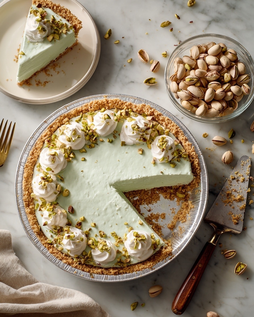 The image shows a pie with three layers: a light brown crumbly crust base, a thick pale green creamy filling in the middle, and white whipped cream dollops placed evenly around the edge, topped with chopped pistachio nuts scattered in the center and on the pie’s surface. A pie slice is removed, showing the crust and filling clearly. The removed slice sits on a white plate at the top left, displaying the same pale green filling with a dollop of whipped cream and chopped pistachios on top. To the right is a clear glass bowl filled with chopped pistachios, some spilled around it. Whole pistachio nuts are scattered to the right of the bowl. The pie is in a metal pie tin on a white marbled surface with a pie server with a wooden handle and some cutlery nearby. Photo taken with an iphone --ar 4:5 --v 7