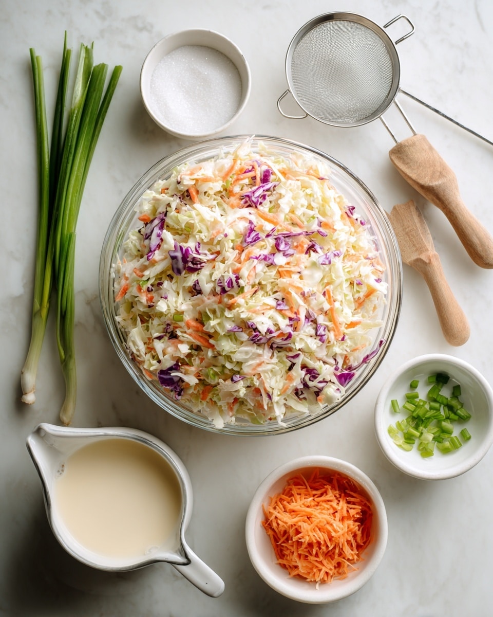 A clear glass bowl in the center holds a colorful coleslaw mix made of white, purple, and light green shredded cabbage with bits of orange shredded carrots, labeled