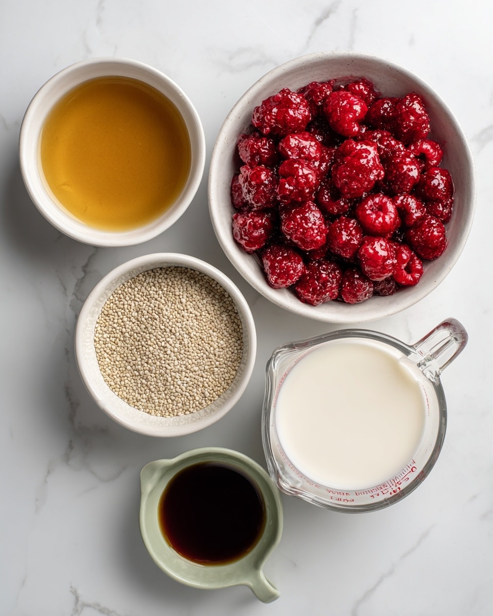 The image shows five different ingredients in white bowls and a clear measuring cup, all placed on a white marbled surface. The largest bowl at the top right holds red raspberries in syrup, with a shiny, juicy texture. To its left is a white bowl filled with golden maple syrup, smooth and glossy. Below that is another white bowl containing beige chia seeds with a tiny grainy texture. At the center right, a clear measuring cup holds white coconut milk with a creamy, slightly frothy surface. At the bottom right, a small pale green bowl contains dark brown vanilla extract with a shiny liquid surface. Each ingredient is labeled with clear black text on a white background. Photo taken with an iphone --ar 4:5 --v 7
