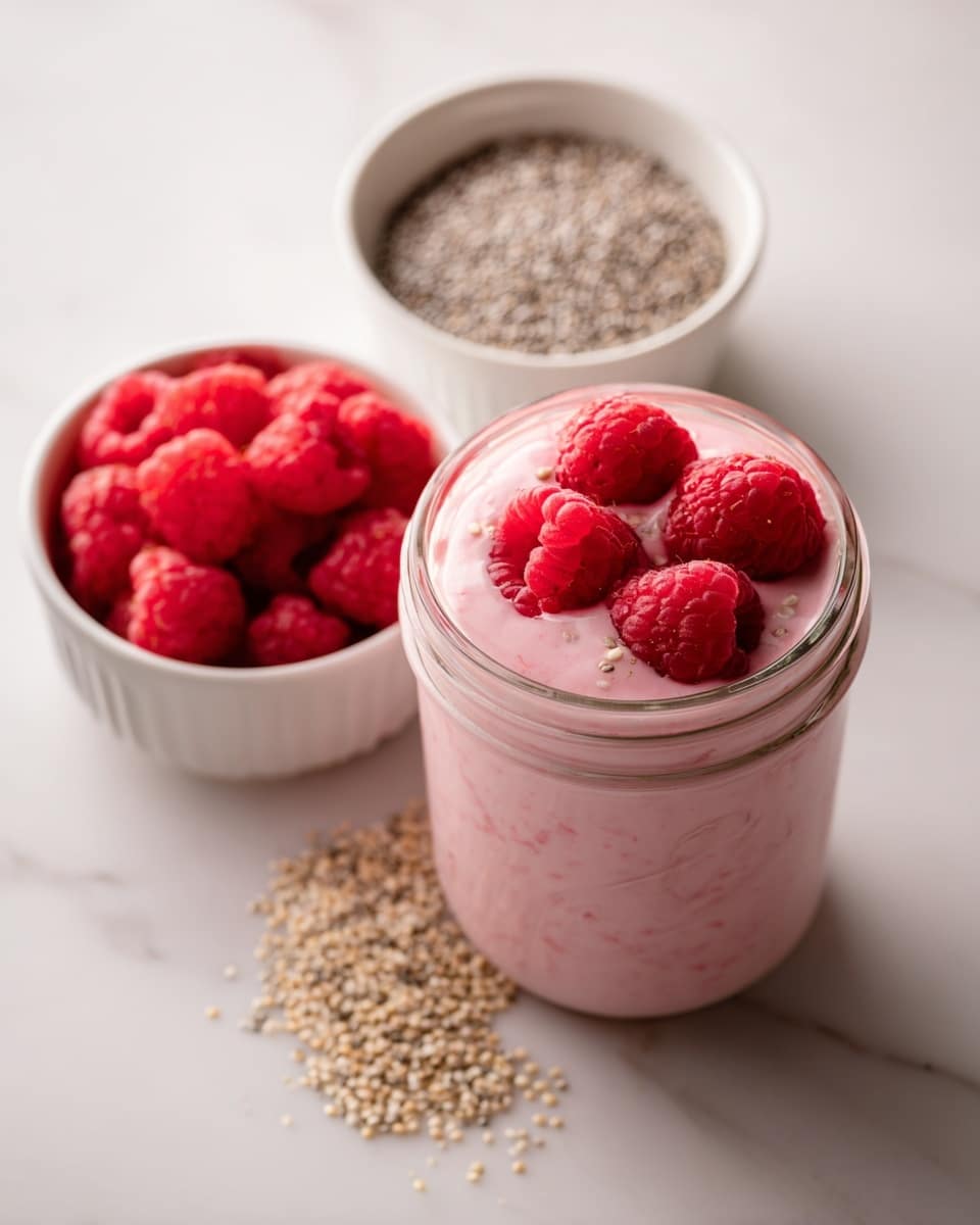 The image shows a jar filled with a pink creamy mixture topped with several bright red raspberries and light tan chia seeds scattered on one side of the surface. Behind the jar, there are two small white bowls, one filled with whole bright red raspberries and the other with light beige chia seeds. The jar and bowls are placed on a white marbled surface with soft natural lighting. photo taken with an iphone --ar 4:5 --v 7