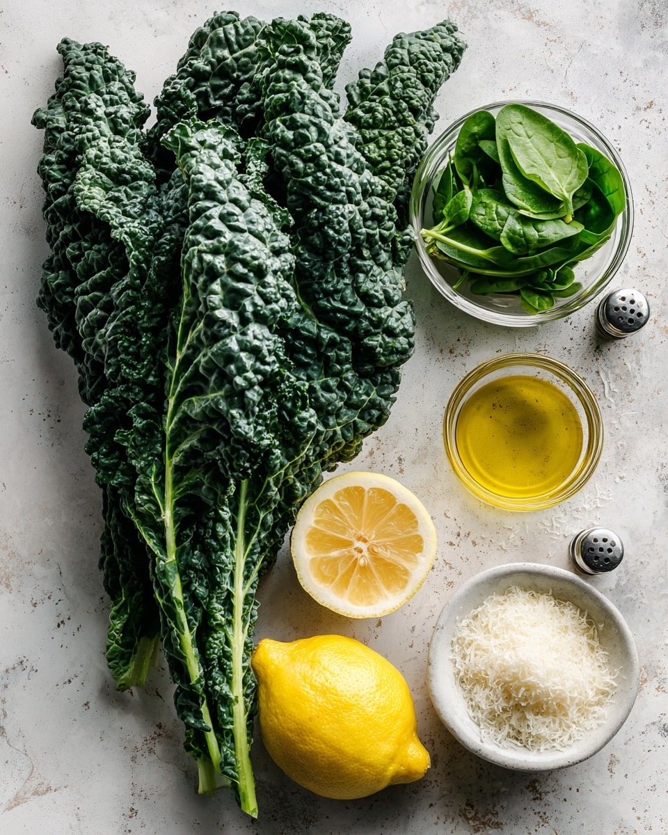 The image shows fresh ingredients on a white marbled surface: a large bunch of dark green curly kale with rough, ruffled leaves on the left, a small clear bowl filled with smooth, lighter green spinach leaves on the top right, a small clear bowl of golden yellow olive oil below the spinach, a half lemon cut through the middle with a bright yellow interior at the bottom left, a small white bowl full of white salt below the lemon, a small clear bowl filled with finely grated white cheese to the right of the olive oil, and small glass salt and pepper shakers at the bottom right. Photo taken with an iphone --ar 4:5 --v 7