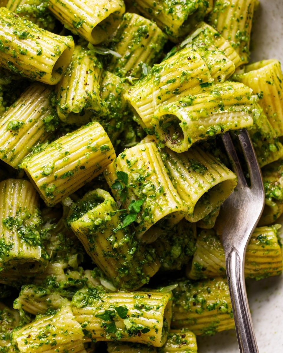 Close-up of rigatoni pasta mixed with bright green pesto sauce. Each piece of rigatoni is short and tube-shaped with ridges, fully covered in a slightly chunky green pesto with visible bits of herbs. The pasta pieces are piled together, and on the lower right, a silver fork is stuck into the pasta. The surface below is a white marbled texture. photo taken with an iphone --ar 4:5 --v 7