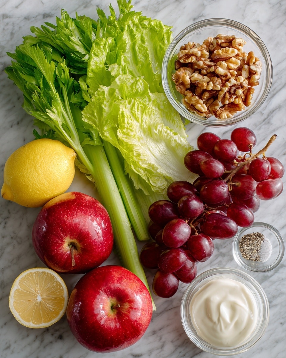 The image shows fresh ingredients for a salad laid out on a white marbled texture. There are two red apples with smooth shiny skin, one lemon with bright yellow color and a slightly bumpy texture, a long stalk of celery with light green color and crisp texture, and a bunch of dark red grapes with round smooth skins. Crisp green leaf lettuce with ruffled edges is placed next to the grapes. A clear glass bowl filled with pieces of light brown walnuts sits near the top right. Below that, a small clear bowl with white mayonnaise and another small clear bowl containing white salt and black pepper are visible. The scene is brightly lit with natural colors. Photo taken with an iphone --ar 4:5 --v 7
