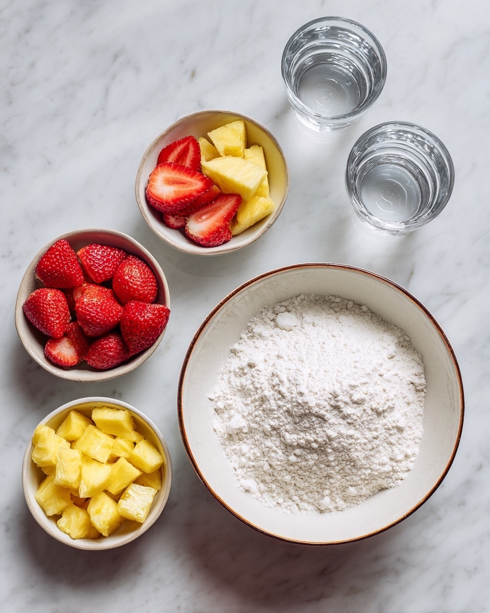 A white bowl with a brown rim is filled with white flour on the right side. On the left are three small white bowls arranged in a triangle shape: the top one has two slices of strawberry and a piece of pineapple, the bottom left one is filled with halved strawberries, and the bottom right one contains small yellow pineapple cubes. Above the flour bowl, there are three small clear glasses filled with water. All items are placed on a white marbled surface. Photo taken with an iphone --ar 4:5 --v 7