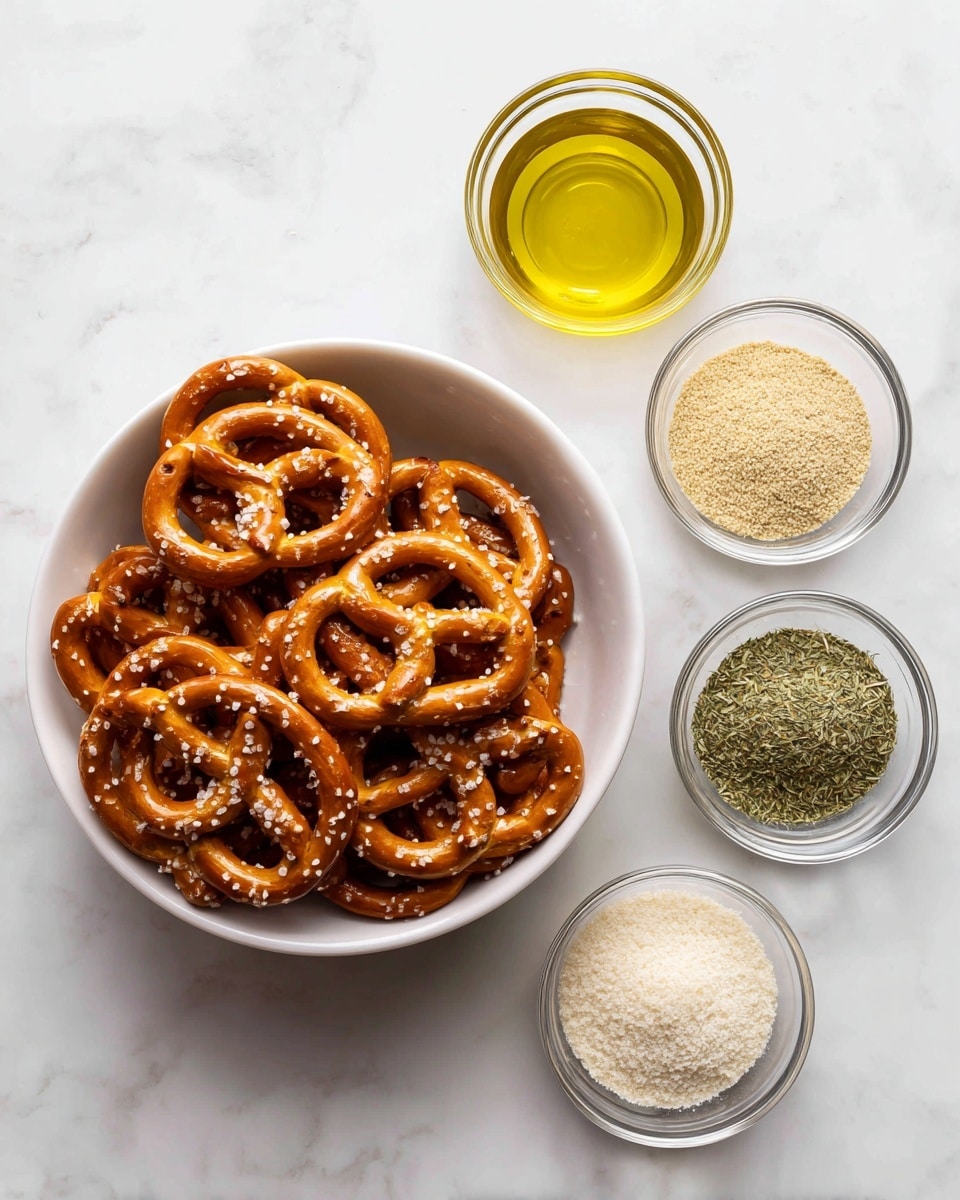 The image shows a white bowl filled with golden-brown pretzels on the left side, their shiny surface sprinkled with coarse salt. To the right of the bowl, there are five small clear glass bowls arranged vertically on a white marbled surface, each containing different powders and seeds. From top to bottom, the first bowl has a light golden yellow oil labeled as popcorn oil, the second bowl holds a beige powder with green specks called ranch seasoning, the third bowl contains green dried dill weed, the fourth bowl has off-white garlic powder, and the fifth bowl includes pale onion powder. All items are labeled clearly with black text on white backgrounds near each bowl. Photo taken with an iphone --ar 4:5 --v 7