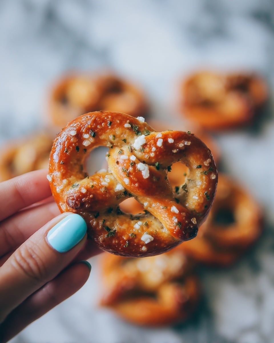 A close-up of a small baked pretzel snack held between the thumb and index finger of a woman's hand with light blue nail polish. The pretzel is golden brown with a slightly rough texture sprinkled with green seasoning and small white granules. Blurry baked pretzels in the background rest on a white marbled surface. photo taken with an iphone --ar 4:5 --v 7