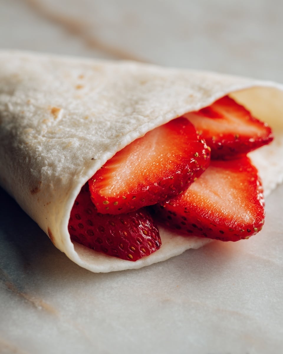The image shows a close-up of a small food item on a white marbled surface. The dish has one visible layer of soft, off-white flatbread or dough folded into a triangular shape. On top of this base, there are three bright red, fresh strawberry slices placed near the bottom center. The strawberries have a shiny, slightly textured surface with visible seeds and a fresh look. The background is softly blurred, focusing attention on the simple layers of the dish. Photo taken with an iphone --ar 4:5 --v 7