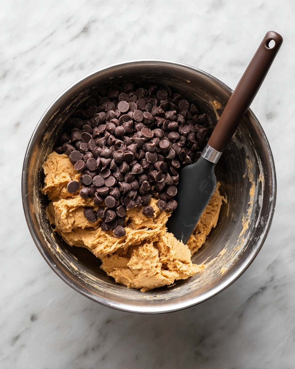 A silver mixing bowl holds smooth, light brown dough that fills about half of the bowl. On top of the dough is a large mound of dark brown chocolate chips, almost covering one side of the dough. A black spatula with a brown handle is resting inside the bowl, partially sticking into the dough. The background is a white marbled surface. photo taken with an iphone --ar 4:5 --v 7