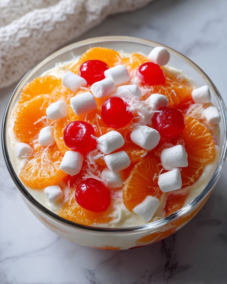 A clear glass bowl holds a layered fruit salad on a white marbled surface. The bottom layer is creamy and white, topped with bright orange mandarin slices that cover most of the bowl. Scattered over the mandarin are small white marshmallows and vibrant red maraschino cherry pieces, adding pops of color and texture throughout the bowl. Photo taken with an iphone --ar 4:5 --v 7