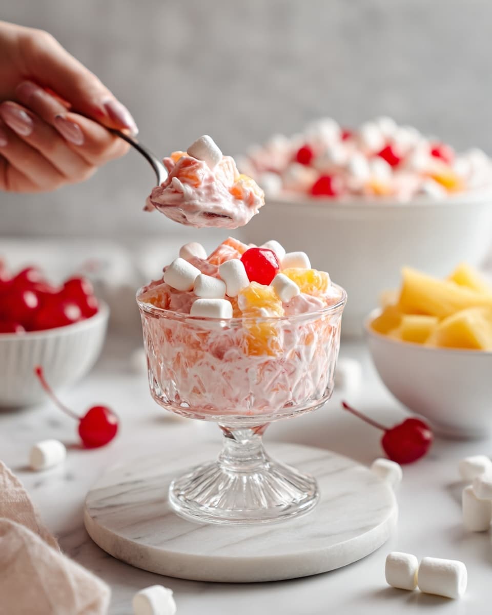 A clear glass dessert dish filled with a creamy, light pink fruit salad. The salad has visible white mini marshmallows, red cherries, and orange segments, all mixed smoothly in a creamy layer. The dish is set on a white marbled surface, with small white marshmallows scattered around and bowls of bright red cherries and yellow pineapple chunks nearby. In the background, a white bowl also holds more of the same creamy fruit salad. A woman's hand is holding a spoon with a scoop of the same fruit salad above the dessert dish. Photo taken with an iphone --ar 4:5 --v 7