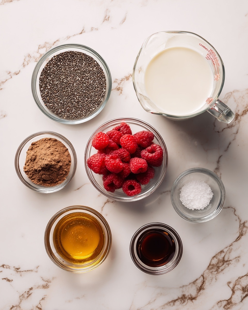 The image shows seven small clear glass containers with different ingredients arranged on a white marbled surface. Starting from the top right, a transparent measuring cup is filled with white milk. To the left of it, a small clear bowl holds black chia seeds with a grainy texture. Below the chia seeds, there is a glass bowl with light brown cocoa powder that looks soft and fine. To the right of the cocoa, a small glass cup contains bright red frozen raspberries with icy detail. Below the raspberries, a small glass bowl has golden honey with a glossy surface. Near the honey, there is a tiny bowl filled with dark brown vanilla extract with a smooth surface. Lastly, between the vanilla and cocoa powder bowls, a small clear bowl contains white salt granules. All the containers are spaced evenly on the white marbled background. photo taken with an iphone --ar 4:5 --v 7