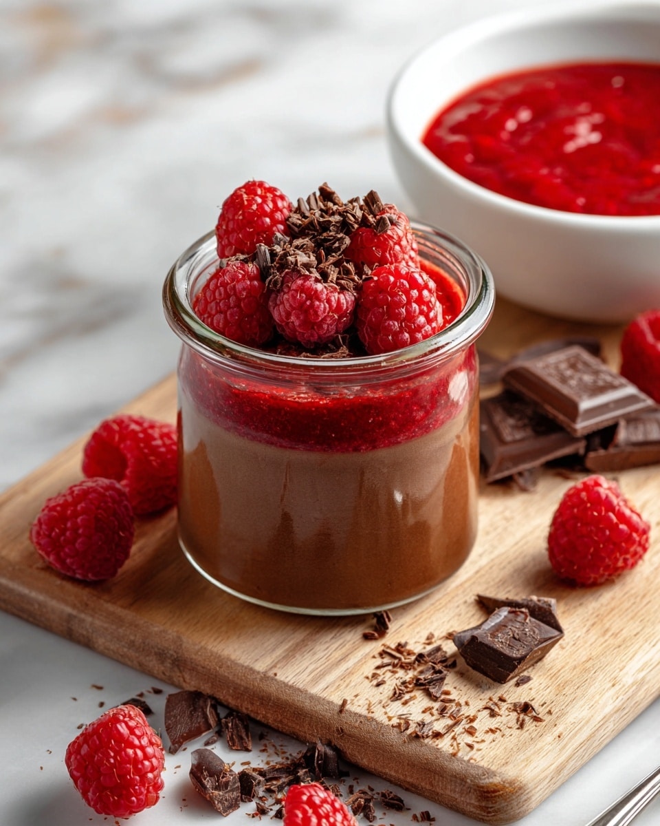 A small clear glass jar is filled with three layers: the bottom layer is dark brown smooth chocolate mousse, the middle layer is a bright red raspberry sauce with a slightly chunky texture, and the top layer is garnished with fresh raspberries and small dark chocolate shavings. The jar is placed on a light wooden board scattered with loose raspberries, dark chocolate pieces, and small chocolate crumbs. In the background, there is a white bowl with more raspberry sauce. The scene is set on a white marbled surface. photo taken with an iphone --ar 4:5 --v 7