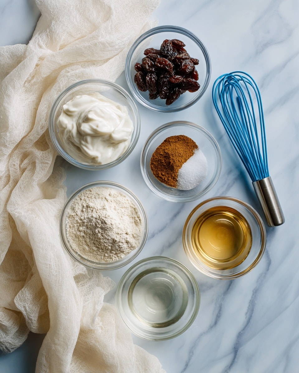 The image shows six small clear glass bowls placed on a white marbled surface. From left to right, the top row has a bowl of thick white yogurt, a bowl of dark dried raisins, and a bowl with a mix of brown cinnamon powder and white salt. The bottom row has a bowl of pale flour, a bowl of clear water, and a bowl with a light golden syrup. To the right side near the bowls is a blue whisk, and to the left, there is soft white cloth loosely placed. photo taken with an iphone --ar 4:5 --v 7