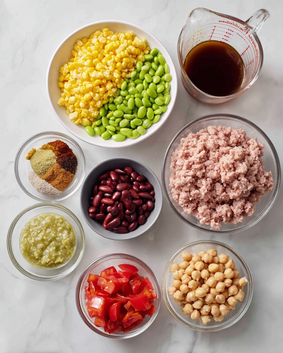 Several bowls are placed on a white marbled surface, each containing different ingredients. One white bowl at the top center holds bright yellow corn and green edamame, side by side. To the right, a clear glass measuring cup contains dark brown beef stock. Below the cup, a larger clear glass bowl holds pale pink ground turkey with a soft texture. To the left, a small white bowl with a mix of brown and red spices sits next to a gray bowl of light green salsa verde with some visible seeds. Near the bottom are three clear glass bowls: one with bright red diced tomatoes, another with dark red kidney beans, and the last with pale yellow garbanzo beans. All ingredients are labeled with soft yellow tags. Photo taken with an iphone --ar 4:5 --v 7
