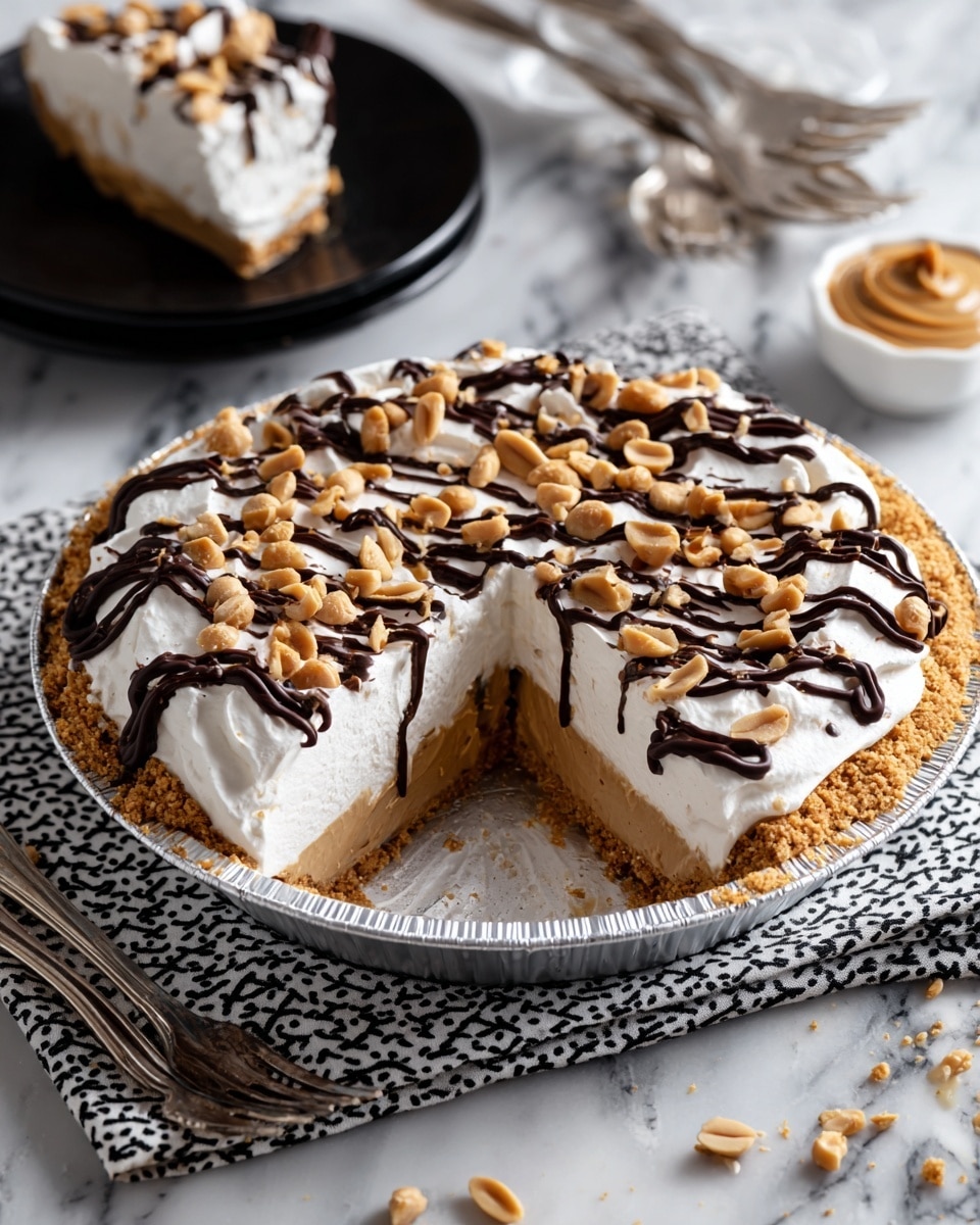 This image shows a pie with three clear layers inside a shiny foil pie pan. The bottom layer is light brown and smooth, likely creamy peanut butter filling. Above that is a thick layer of white whipped cream with a soft texture. On the top, there are chopped peanuts scattered all around and dark chocolate syrup drizzled in a zigzag pattern. A slice is missing from the pie, showing the neat separation of layers. The pie is set on a white marbled surface with a small white bowl of peanut butter and a black plate with more pie slices in the background. The scene includes a black and white patterned cloth and some metal forks nearby. photo taken with an iphone --ar 4:5 --v 7