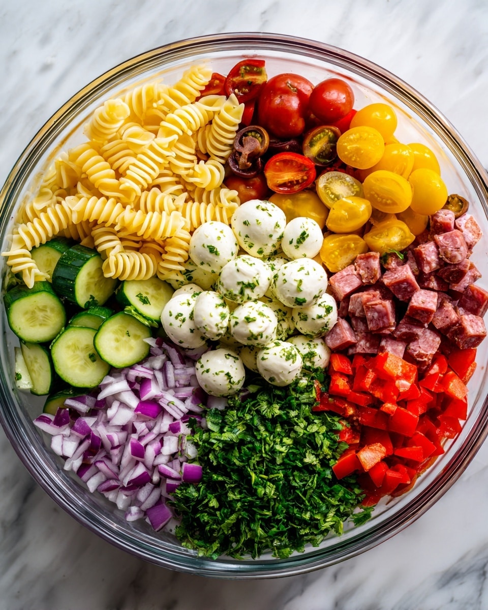 A large clear glass bowl filled with many layers of fresh ingredients, arranged in a colorful circle on a white marbled surface; starting with a pale yellow spiral pasta on the left, next to bright red and yellow cherry tomato halves, then a layer of green cucumber slices. Next to the cucumber there are shiny black olives and a cluster of small white mozzarella balls seasoned with green herbs. Below the mozzarella, there are small pink cubes of salami, bright green chopped parsley, and bright red diced bell peppers. On the far left side, there are purple diced onions mixed lightly with the pasta. The whole mix looks fresh and vibrant. Photo taken with an iphone --ar 4:5 --v 7
