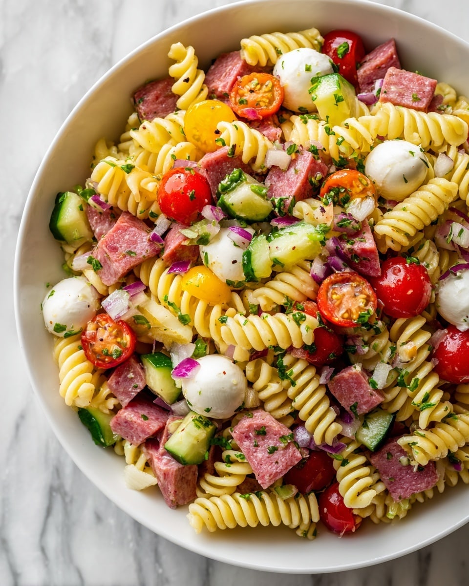 This image shows a close-up of a pasta salad in a white bowl. The salad has three main layers mixed together: spiral-shaped cooked pasta that is light yellow in color forms the base, mixed with small cubes of pink-red salami and halved cherry tomatoes in red and yellow. There are also white round mozzarella balls and slices of dark black olives spread through the salad, along with small pieces of bright green cucumber and diced red bell pepper. Small bits of purple onion and chopped green herbs add more colors and textures. The salad looks fresh and lightly dressed with a shine coating on all ingredients. The bowl is placed on a white marbled surface. photo taken with an iphone --ar 4:5 --v 7